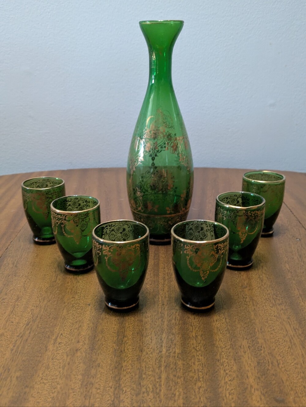 Vintage Murano Glass Decanter Set.  Very Nice Condition.  Emerald Green & Gold.